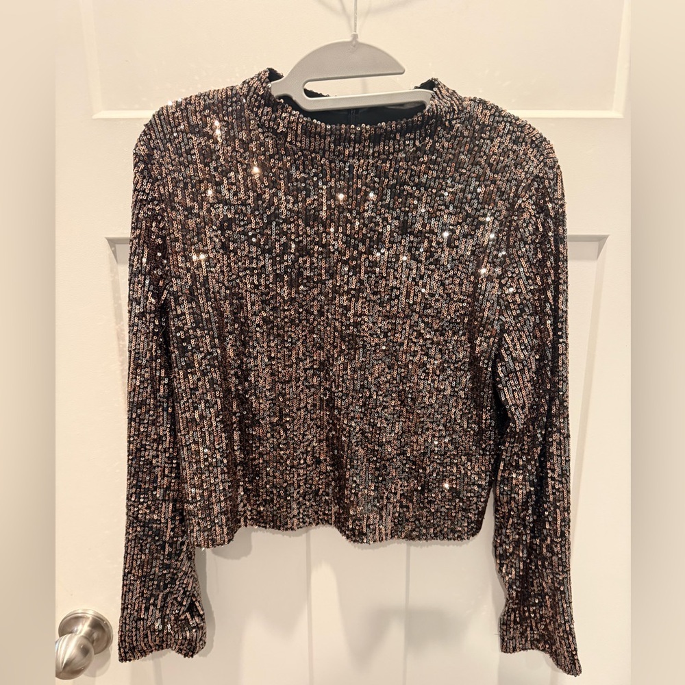 Mango Sequin Long Sleeve Crop Top Bronze Black Size Medium
